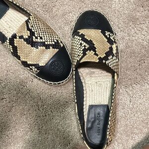 Tory Burch Black and Tan Snake Print Espadrilles